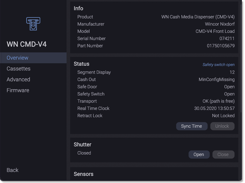 Wincor Nixdorf Cash Dispenser CMDv4 Test Screenshot
