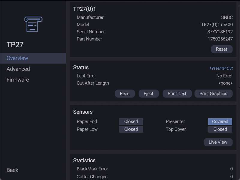 TP27 Receipt Printer Diagnostics Overview